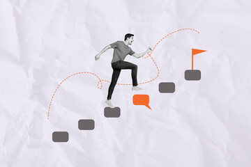 Creative collage image of energetic motivated guy running settle flag top abstract stairs reaching...