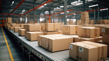 Cardboard boxes on conveyor rollers ready to be shipped by courier for distribution.