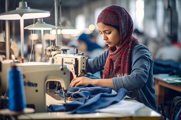 Woman from India sewing in a factory on developing country - obrazy, fototapety, plakaty