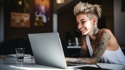 Creative young LGBT woman working on laptop. Girl with tattoo, designer freelancer or student work on computer laptop at table. - obrazy, fototapety, plakaty