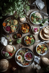 Traditional Middle Eastern Cuisine: A Variety of Dishes on a Wooden Table, ai generative