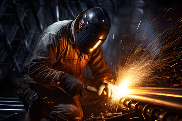 Welder with protective gear welding a metal piece - obrazy, fototapety, plakaty