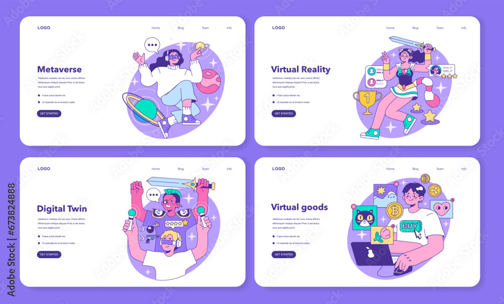 Poster metaverse web banner or landing page set. vr futuristic technology. digital environment or online vi