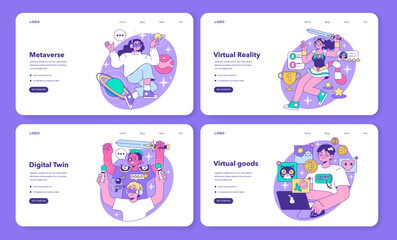 Metaverse web banner or landing page set. VR futuristic technology. Digital environment or online virtual platform. Character in augmented reality and cyberspace. Flat vector illustration