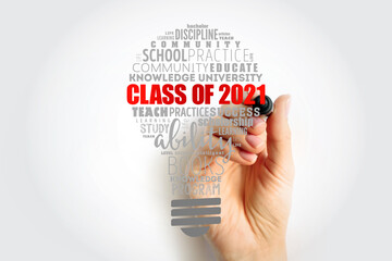CLASS OF 2021 light bulb word cloud collage, education concept background