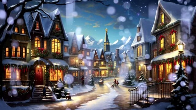 village at Christmas, seamless looping video background animation, cartoon anime style