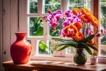 A bouquet of orchid and gerbera flowers, placed in a coral ceramic vase, on a wooden surface, near an open window.