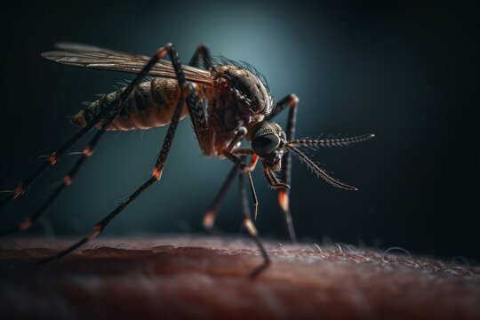 A close-up of a mosquito. An insect with wings and antennae on its head.