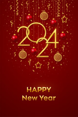 Happy New Year 2024. Hanging Golden metallic numbers 2024 with shining 3D metallic stars, balls and confetti on red background. New Year greeting card, banner template. Realistic Vector illustration.