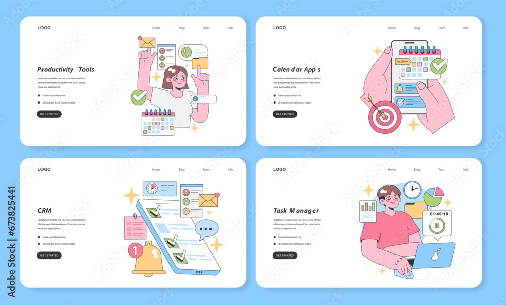 Poster productivity suite set. dive into the digital world with tools that enhance efficiency. from organiz