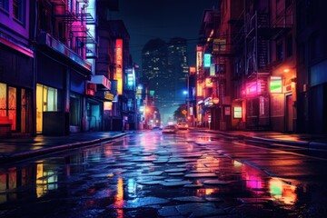 Fototapeta na wymiar The nighttime city street is illuminated by bright neon lights.