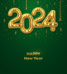 Happy New Year 2024. Golden foil balloon numbers on green background. High detailed 3D realistic gold foil helium balloons. Merry Christmas and Happy New Year 2024 greeting card. Vector illustration.