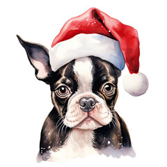 Cute portrait of a Boston Terrier wearing a Christmas hat. Watercolour style over white.