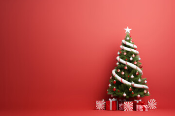 Christmas card with tree decorations on red background. Copyspace.