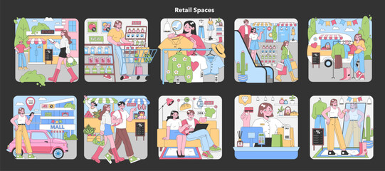 Retail Spaces set. Shoppers exploring city stores, checking out deals, and purchasing goods. Modern consumer experience. Urban shopping adventures. Friendly retail encounters. Flat vector illustration