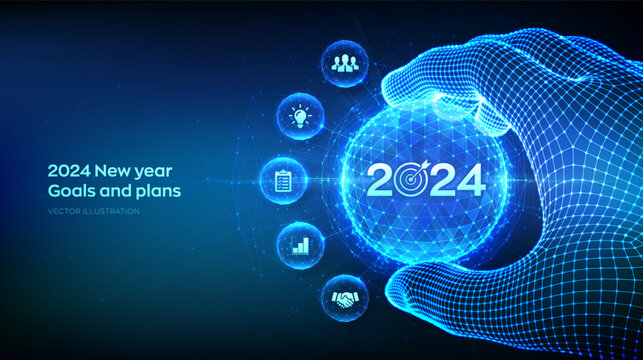 2024 New year Goals and plans concept in the shape of polygonal sphere with numbers 2024 and target in wireframe hand. Business plan and strategies. Goal acheiveement and success. Vector illustration.