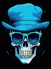 A Stylish Skull Sporting a Blue Hat and Trendy Glasses