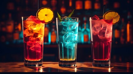 AI generated illustration of three ice-cold drinks with a variety of vibrant colors