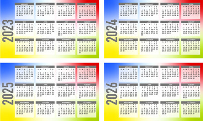 Vector design of calendars 2023, 2024, 2025 and 2026 on color background and editable data