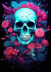 Skull Adorned with Colorful Flowers and Perched Bird