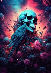 A Majestic Blue Bird Perched on a Eerie Skull, Symbolizing Life and Death