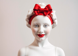 Portrait of a female mannequin wearing a red bow on her head.
