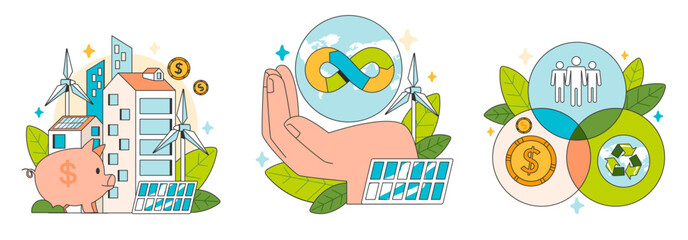 Social entrepreneurship set. Business' responsibility for impact on society and environment. Financing and implementing solutions for Sustainable development. Flat vector illustration - obrazy, fototapety, plakaty