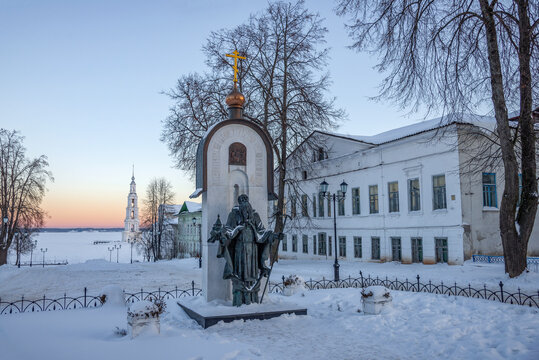 KALYAZIN, RUSSIA - JANUARY 07, 2022: Monument to St. Macarius of Kalyazin in the morning landscape. Kalyazin, Russia