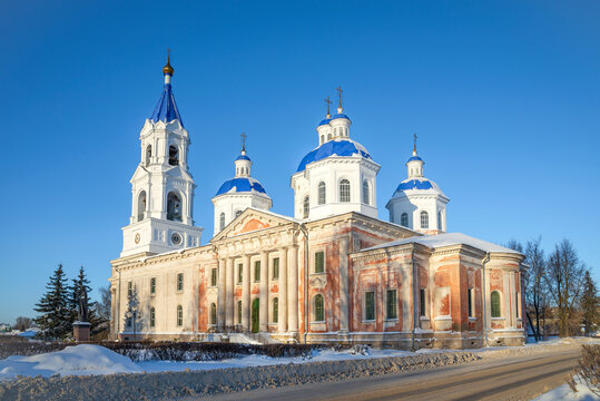 View of the Resurrection Cathedral on a frosty winter day. Kashin, Tver region. Russia