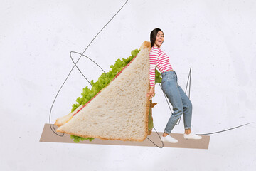 Creative collage image of funny young happy woman bringing huge sandwich with ham takeaway lunch...