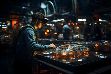 A worker in an electric car factory using virtual reality glasses.