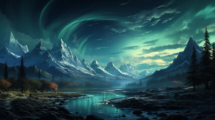 landscape with mountains and northern lights