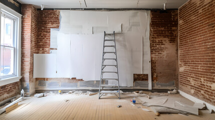 Renovation in Progress Scene, exposed brick, unfinished walls, renovation ladder, Renovation Concept Art, Generative AI