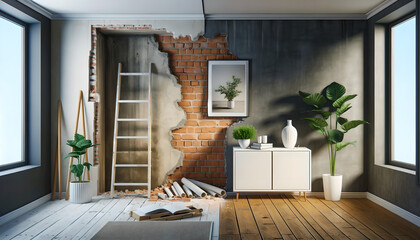 Renovation in Progress, exposed brick, ladder, modern home decor, Home Improvement Concept Art, Generative AI