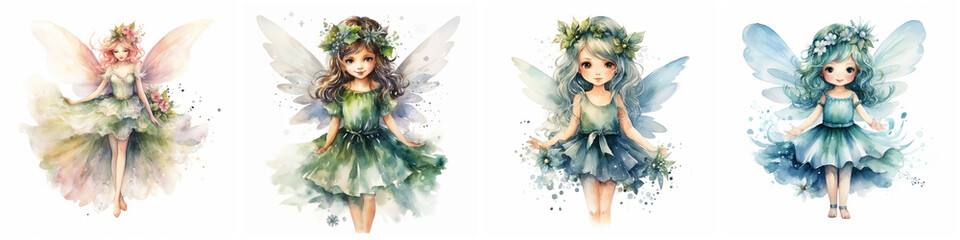 Fototapeta premium Set of watercolor Whimsical Christmas Fairy isolated on white background 