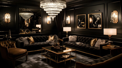 Elegant Nightfall: Black, White, and Gold Opulence in the Living Room - Created using Generative AI