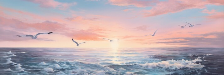 A Serene Symphony: Birds Soaring Above the Majestic Ocean Waters