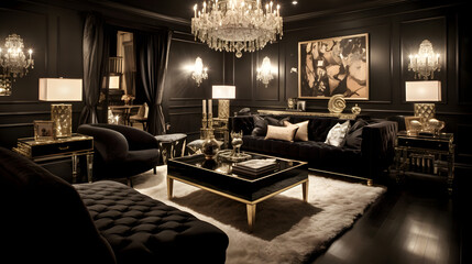 Glamour and Elegance at Night: Hollywood Glam Living Room - Created using Generative AI