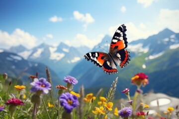 Butterfly in booming wild flower field in Spring.