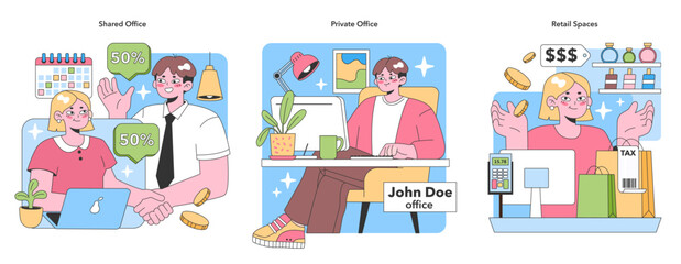 Workspace set. Professionals in diverse environments: shared office offers discounts, solo worker in private space, and retail shopping experience. Engaging in business activities. vector illustration