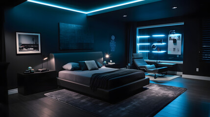 Fototapeta na wymiar Midnight Technology in The Tech-Savvy Bedroom, Futuristic Comfort - Created using Generative AI