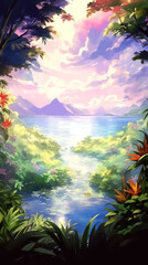 Fototapeta na wymiar Tropical landscape with lilies and a lake. Digital painting