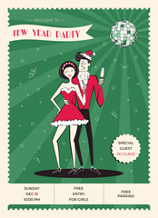 Night club retro New year party invitation. 60s - 70s style New year poster with couple with champagne. Christmas invitation with woman in red dress and man in Santa's hat.
