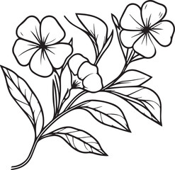 Single line drawing of beauty fresh periwinkle for home wall art decor. Printable poster decorative sword periwinkle flower concept. Modern line drawing Catharanthus flower design vector illustration