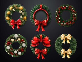 Collection of well-decorated holiday wreath in different designs on black background. Holiday seasonal concept.