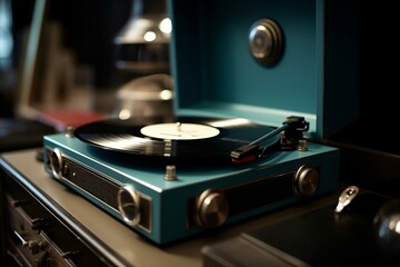A vintage vinyl record player with a fine detail of a turntable, representing sound technology and entertainment. Generative AI