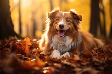 Happy dog play in Autumn woods