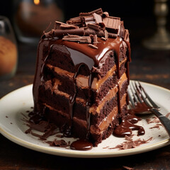 Fotografia con detalle y textura de porcion de tarta de chocolate con aspecto delicioso - obrazy, fototapety, plakaty