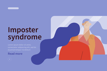 Imposter syndrome concept website. Mental psychological disorder. Doubt, low self-esteem. Female doubtful in skills, talents looking in mirror. Modern vector illustration - obrazy, fototapety, plakaty