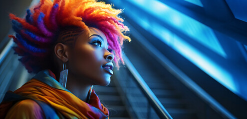 a cool black punk girl in rainbow colors with crazy mohawk hairstyle in front of a colorful...